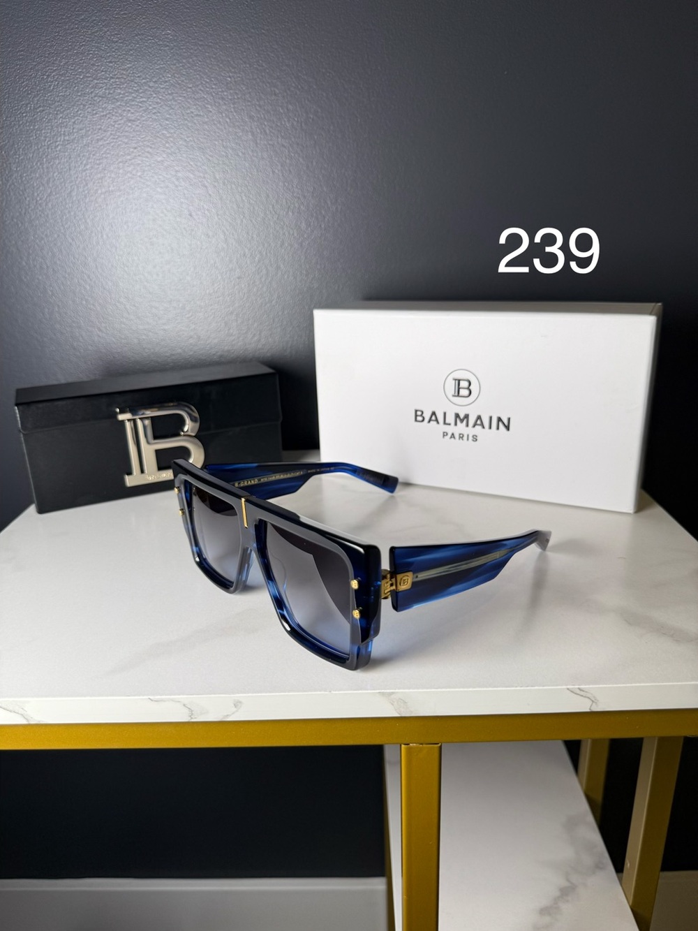 Balmain Translucent Blue Square Sunglasses with Gray Gradient Lenses
